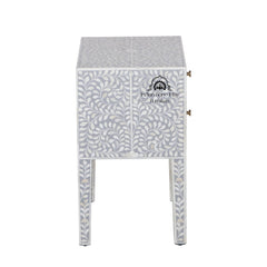 Bone Inlay Bedside Table with 2 Drawers – Grey Floral