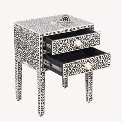 Bone Inlay Bedside Table with 2 Drawers – Black Floral
