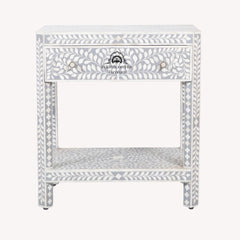 Bone Inlay Large 1 Drawer Bedside Table or Side Table with Shelf – Grey Floral