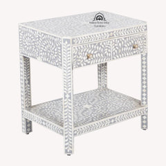 Bone Inlay Large 1 Drawer Bedside Table or Side Table with Shelf – Grey Floral
