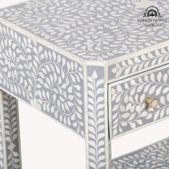 Bone Inlay Large 1 Drawer Bedside Table or Side Table with Shelf – Grey Floral