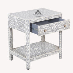 Bone Inlay Large 1 Drawer Bedside Table or Side Table with Shelf – Grey Floral