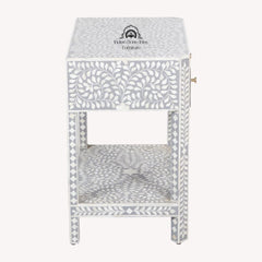 Bone Inlay Large 1 Drawer Bedside Table or Side Table with Shelf – Grey Floral