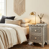 Bone Inlay Bedside Table with 2 Drawers – Black Geometric