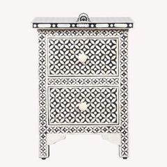 Bone Inlay Bedside Table with 2 Drawers – Black Geometric