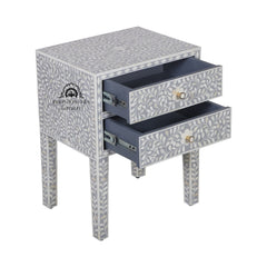 Bone Inlay Bedside Table with 2 Drawers – Grey Floral