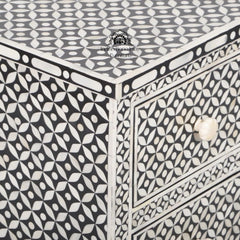 Bone Inlay Bedside Table with 2 Drawers – Black Geometric