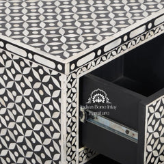 Bone Inlay Bedside Table with 2 Drawers – Black Geometric