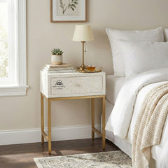 Bone Inlay 1 Drawer Bedside Table White Floral
