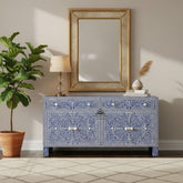 Bone Inlay Buffet Chest of Drawers – Indigo Blue Floral Scroll