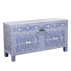 Bone Inlay Buffet Chest of Drawers – Indigo Blue Floral Scroll