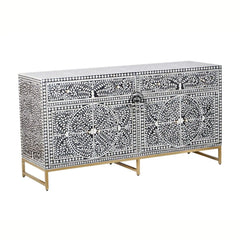 Bone Inlay Buffet Chest of Drawers – Black Floral Scroll