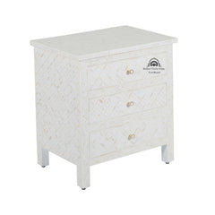 Bone Inlay Large 3 Drawer Bedside Table – White Geometric