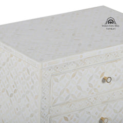 Bone Inlay Large 3 Drawer Bedside Table – White Geometric