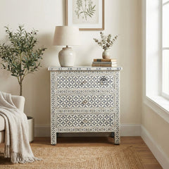 Bone Inlay Large 3 Drawer Bedside Table – Grey Geometric