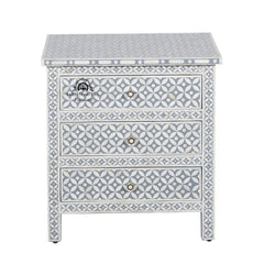 Bone Inlay Large 3 Drawer Bedside Table – Grey Geometric
