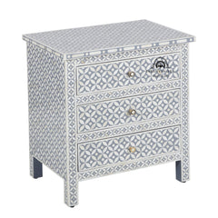 Bone Inlay Large 3 Drawer Bedside Table – Grey Geometric