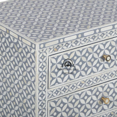 Bone Inlay Large 3 Drawer Bedside Table – Grey Geometric