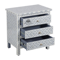 Bone Inlay Large 3 Drawer Bedside Table – Grey Geometric