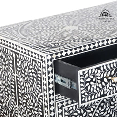 Bone Inlay Buffet Chest of Drawers – Black Floral Scroll