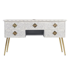 BONE INLAY 5 DRAWER STUDY DESK FLORAL GREY INDIAN HANDCRAFTED COMPUTER DESK