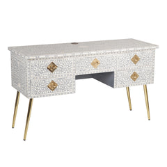 BONE INLAY 5 DRAWER STUDY DESK FLORAL GREY INDIAN HANDCRAFTED COMPUTER DESK