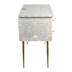 BONE INLAY 5 DRAWER STUDY DESK FLORAL GREY INDIAN HANDCRAFTED COMPUTER DESK