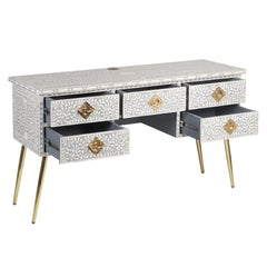BONE INLAY 5 DRAWER STUDY DESK FLORAL GREY INDIAN HANDCRAFTED COMPUTER DESK