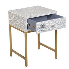 Bone Inlay 1 Drawer Bedside Table – Grey Floral