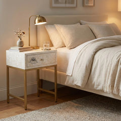 Bone Inlay 1 Drawer Bedside Table – White Geometric