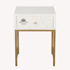 Bone Inlay 1 Drawer Bedside Table – White Geometric