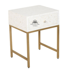 Bone Inlay 1 Drawer Bedside Table – White Geometric