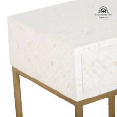Bone Inlay 1 Drawer Bedside Table – White Geometric