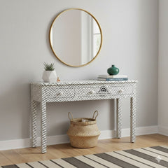 Bone Inlay 3 Drawer Hall Table / Side Table – Black Zig Zag
