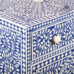 Bone Inlay Buffet Chest of Drawers – Indigo Blue Floral Scroll