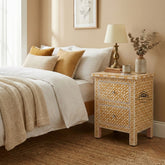 Bone Inlay Bedside Table with 2 Drawers – Geometric Almond