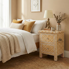 Bone Inlay Bedside Table with 2 Drawers – Geometric Almond