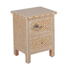 Bone Inlay Bedside Table with 2 Drawers – Geometric Almond