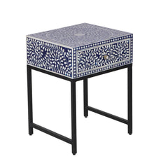 Bone Inlay 1 Drawer Bedside Table – Indigo Blue Floral