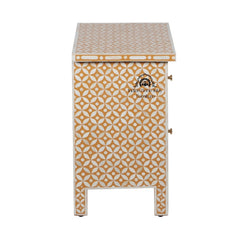 Bone Inlay Bedside Table with 2 Drawers – Geometric Almond