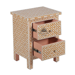 Bone Inlay Bedside Table with 2 Drawers – Geometric Almond