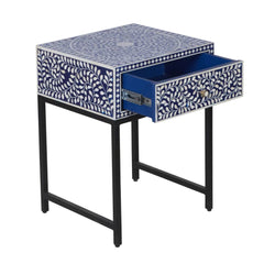 Bone Inlay 1 Drawer Bedside Table – Indigo Blue Floral