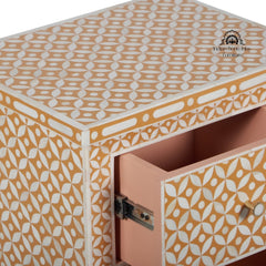 Bone Inlay Bedside Table with 2 Drawers – Geometric Almond