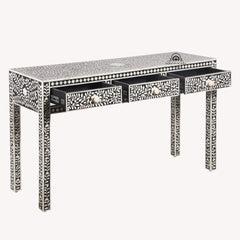 Bone Inlay 3 Drawer Hall Table / Side Table – Black Floral