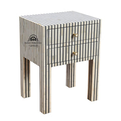 Bone Inlay Bedside Table with 2 Drawers – Grey Stripe