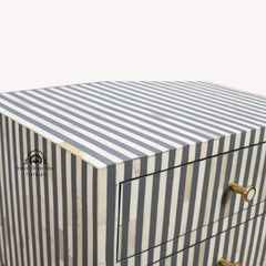 Bone Inlay Bedside Table with 2 Drawers – Grey Stripe
