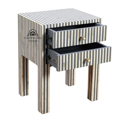 Bone Inlay Bedside Table with 2 Drawers – Grey Stripe