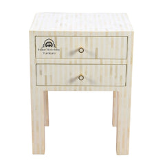 Bone Inlay Bedside Table with 2 Drawers – White Stripe