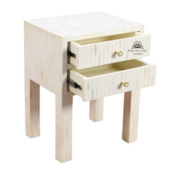 Bone Inlay Bedside Table with 2 Drawers – White Stripe