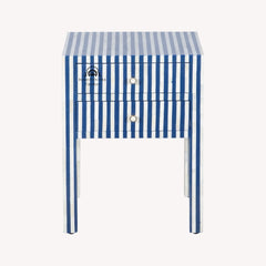 Bone Inlay Bedside Table with 2 Drawers – Indigo Blue Stripe